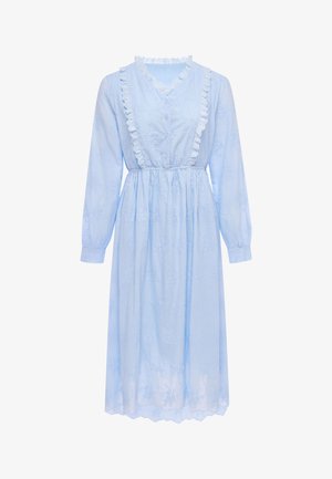 Lyseblå midi-kjole med lange ærmer, knappelukning foran, blondedetaljer langs udskæring og forstykke, elastisk talje og broderet blomsterprint.