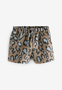 Futrzane szorty w wzór leopardzi w odcieniach brązu i niebieskiego, z elastyczną talią, dwoma przednimi kieszeniami oraz dwoma ciemnymi guzikami z przodu.
