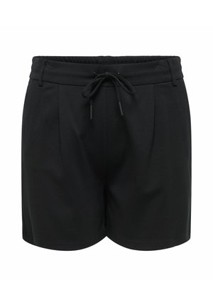 Shorts noirs sur mesure avec plis à l'avant, taille à cordon de serrage et passants pour ceinture, présentés sur un fond blanc.