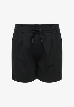 Svarte skreddersydde shorts med frontfolder, snor i livvidden og beltehemper, vist på hvit bakgrunn.