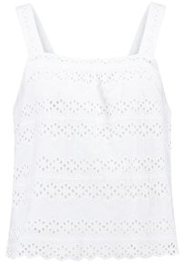 Blusa sin mangas blanca con bordado de ojal, que presenta bandas horizontales de patrones recortados y un ajuste relajado y cuadrado.