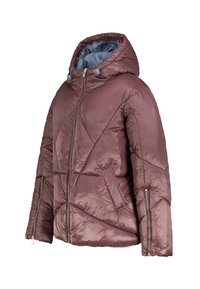 Gepolsterte Jacke in Mauve mit Kapuze, diagonal gestepptem Muster, sichtbarem Reißverschluss und seitlichen Taschen. Futter ist hellblau.