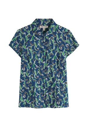 Kortärmlig, met kraag, overhemd in marineblauwe stof met een bloemenpatroon, groene bladeren en witte bloemen, gemaakt van lichtgewicht katoen.