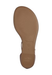 Semelle de sandale marron avec surface en caoutchouc texturé. Porte le logo "Tamaris", la taille 37 et le texte "ANTI SLIDE". Design plat, style décontracté.