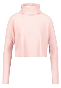 Helles rosa, kurz geschnittenes Rollkragensweatshirt mit langen Ärmeln, aus glattem, dehnbarem Stoff. Mit hohem Kragen und lockerer Passform.