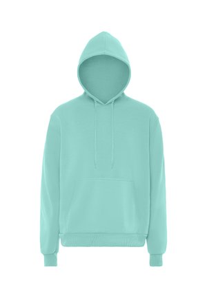 Hellblauer Pullover-Hoodie mit vorderer Kängurutasche und verstellbarer Kapuze auf weißem Hintergrund.