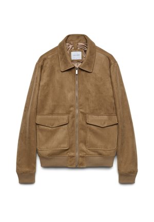 Veste bomber en suède marron clair avec col, fermeture éclair devant, deux grandes poches à rabat et poignets et ourlet côtelés.