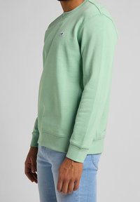 Sudadera verde claro de cuello redondo en una tela suave, con puños y dobladillo acanalados, y un pequeño logo negro en el pecho. Combinada con unos vaqueros azules.