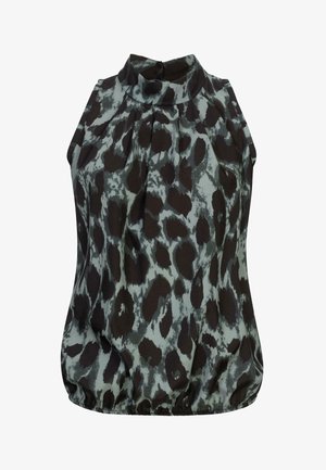 Manseta bez piedurknēm ar zaļās un melnās punktiņformas rakstu. Iekļauj augstu apkakli un savāktu apakšu brīvai piegulšanai. Gluda auduma tekstūra.