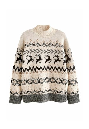 Pull en maille crème avec motifs de rennes noirs et bruns ainsi que des motifs géométriques, col, poignets et ourlet côtelés en gris foncé.