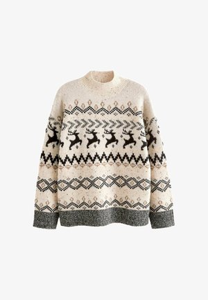 Kremowy sweter dzianinowy z czarnymi i brązowymi wzorami reniferów i geometrycznymi, z prążkowanym kołnierzem, mankietami i dolnym brzegiem w ciemnoszarym kolorze.