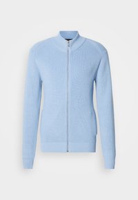 Light blue zip-up sweater with ribbed texture, high collar, and long sleeves. Features a straight hem and side pockets.