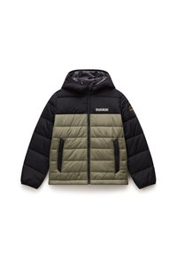 Gepolsterte Kapuzenjacke mit schwarzem Oberteil und olivgrünem unteren Teil, seitlichen Taschen und einem Markenlogo auf der Brust.