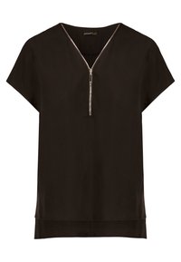 Top nero a maniche corte con scollatura a V e chiusura con zip frontale. Tessuto morbido, vestibilità rilassata e orlo posteriore leggermente più lungo.