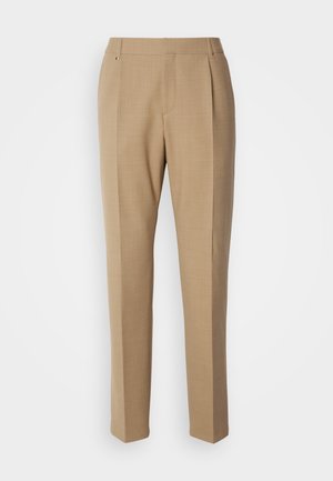 Pantaloni bej, croiți pe măsură, cu față dreaptă, picioare drepte, textură subtilă și două buzunare frontale. Prezintă un design elegant și minimalist.