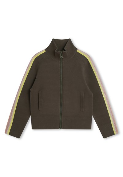 Bruine ritsjack met hoge kraag, zijzakken en multikleurige gestreepte accenten op de mouwen. Glad stoftextuur, casual ontwerp.