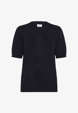Tengerészkék, rövid ujjú pulóver, texturált, nyitott kötésű mintával, kerek nyakkivágással és bordás aljjal. Lazább szabású és puha anyagú.