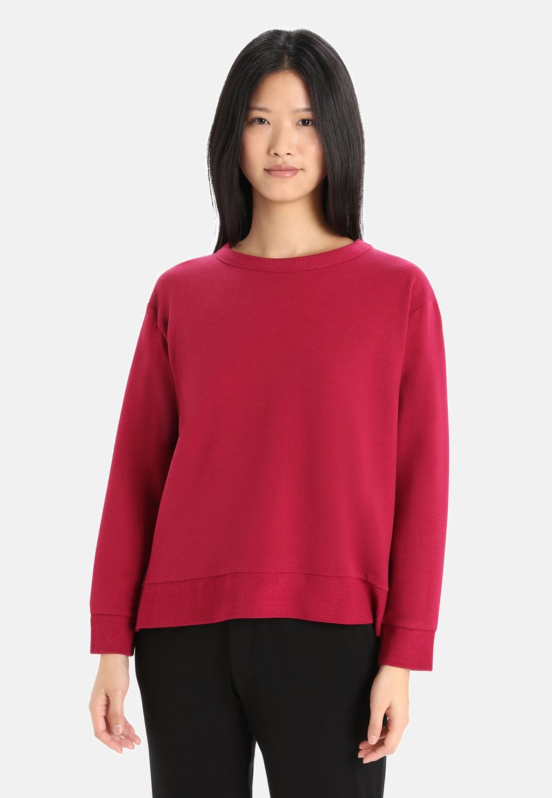 Sudadera de forro polar en un rico color burdeos, con un cuello redondo, mangas largas y un ajuste relajado con detalle de ribete en el dobladillo.