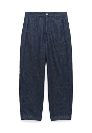 Donkerblauwe denim broek met een relaxte pasvorm, rechte pijpen, voorzakken en een enkele knoopsluiting in de taille.