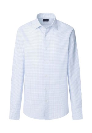 Jasnoniebieska koszula z długim rękawem w kratę w ciemniejszym odcieniu niebieskiego i fioletu. Posiada klasyczny kołnierzyk i zapięcie na guziki z przodu.