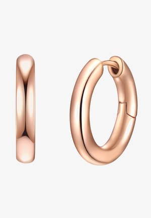 Rožnato zlate uhane v obliki obroča z gladkim, zaobljenim dizajnom. Imajo poliran zaključek in varen zaponko za nošenje.