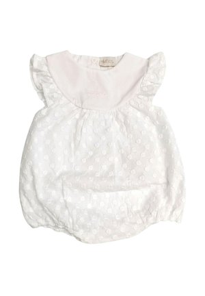 Tutina bianca per neonati in tessuto a occhielli, con maniche arricciate, colletto rotondo e aperture elastiche per le gambe, progettata per lattanti.