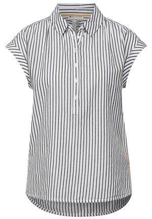 Gestreept shirt met een kraag, korte opgerolde mouwen, knoopsluiting en een ronde zoom. Kleuren zijn wit en zwart met subtiele accenten.