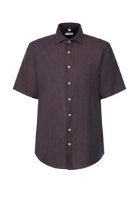 Donkerbruin shirt met korte mouwen, voorzien van een knoopdoorholde kraag en witte knopen. Het shirt heeft een gestructureerde stof en een afgeronde zoom.