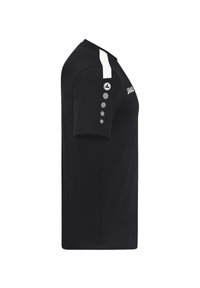 Maglietta sportiva nera a maniche corte con pannello bianco sulle spalle e accenti circolari grigi sulla manica. Realizzata in tessuto leggero e traspirante.