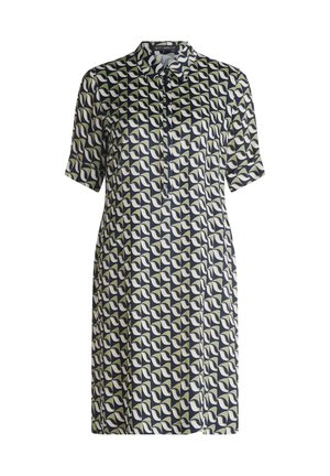 Sukienka krótko rękawowa z kołnierzykiem, w granatowo-kremowy geometryczny wzór. Tkanina ma gładką strukturę.