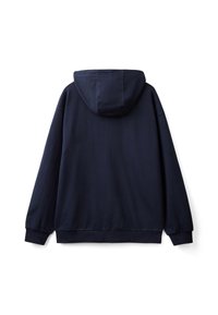 Námořnický modrý svetr s kapucí na šňůrku, s kleslými rameny a vroubkovanými manžetami a lemem, vyrobený z měkké, hladké látky.