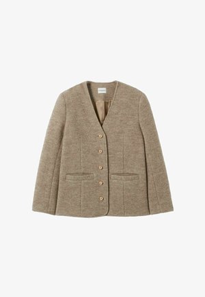 Blazer da donna in misto lana color taupe con maniche lunghe, scollo a V, cinque bottoni, due tasche a filetto frontali e fodera beige.