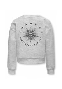 Šedá mikina s kulatým grafickým designem, obsahující lebku, hvězdu a vzory kruhů. Pohodlný, volný střih s žebrovanými manžetami.