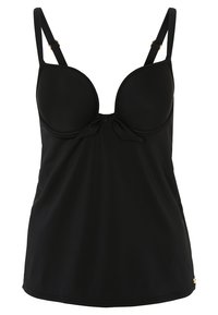 Camisola de natação preta com copas moldadas, alças ajustáveis, detalhe de laço na frente e discretos acabamentos em ouro nas alças.