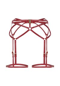 Roter Lederharz mit mehreren verstellbaren Riemen, goldenen Metall-Schnallen und Verbindungsglieder, entworfen für die Platzierung am Torso und Oberschenkel.