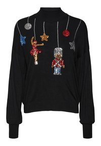 Suéter negro de punto con cuello alto, decorado con lentejuelas que representan una bailarina, un soldado de juguete, estrellas y formas circulares en varios colores.