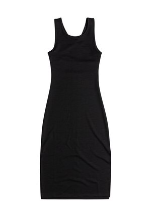Black tank dress, fitted design, sleeveless, made of stretchy fabric, smooth texture, mid-length, no visible patterns or accents.