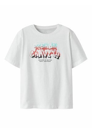 White short-sleeve T-shirt with "ZERO GRAVITY" text and orange palm tree graphics above "UNIVERSE IS WAITING MAKE YOUR MARK" print.