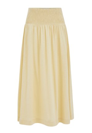 Lichtgele midi-rok met een brede gerimpelde tailleband en geplooide, vloeiende stof eronder, weergegeven op een witte achtergrond.