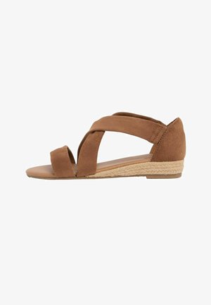 Brown suede wedge sandal with crossed straps over the foot, an open toe, and a woven jute-covered sole.