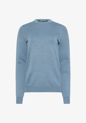 Pull en tricot bleu clair à manches longues avec col ras du cou, poignets et ourlet côtelés, présenté sur un fond blanc.