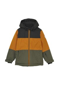 Giacca color block con cappuccio, nei colori arancione, nero e verde oliva. Realizzata in tessuto morbido e resistente, con polsini regolabili e chiusura a zip.