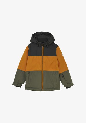 Kleurgeblokte jas met een capuchon, in oranje, zwart en olijfgroen. Gemaakt van zacht, duurzaam materiaal met verstelbare manchetten en een ritssluiting.