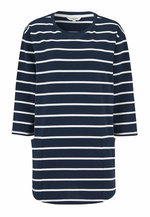 Navy blue long-sleeve dress with white horizontal stripes and two front pockets, round neckline, and relaxed fit.