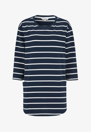 Marineblaues Langarmkleid mit weißen waagerecht verlaufenden Streifen und zwei Fronttaschen, rundem Halsausschnitt und lockerer Passform.