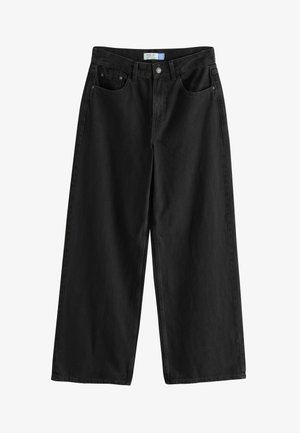 Zwarte denim broek met wijde pijpen en hoge taille, uitgerust met vijf zakken, een knoopsluiting en een schone, onopgemaakte uitstraling.