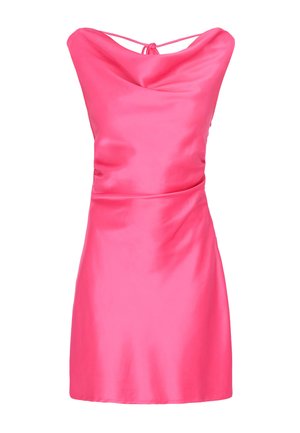 Hellpinkes Satin-Minikleid mit Wasserfallausschnitt und dünnen Neckholder-Trägern, die am Rücken gebunden sind, tailliertem Schnitt und glattem Finish.