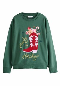 Zelená mikina s vyšitými červenými cowboy čižmami so sviatočnými ozdobami, zlatým textom "Howdy Holidays" a farebnými akcentmi.