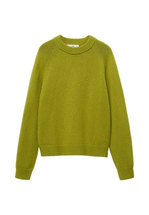 Pull en tricot vert avec un col rond côtelé, des manches longues et une coupe décontractée. Il présente un motif texturé ainsi que des poignets et un ourlet côtelé.