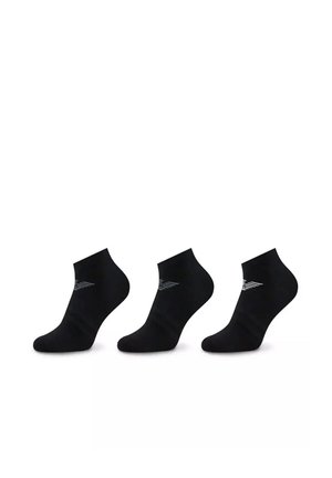 Chaussettes noires à la cheville en matière extensible, avec un motif de logo subtil en gris sur le côté, présentées dans un ensemble de trois.